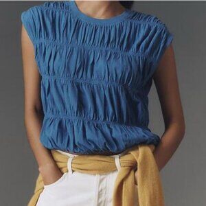 Anthropologie Maeve Blue Cotton Women's Loose Muscle Tee Bubble Tiered XL Top